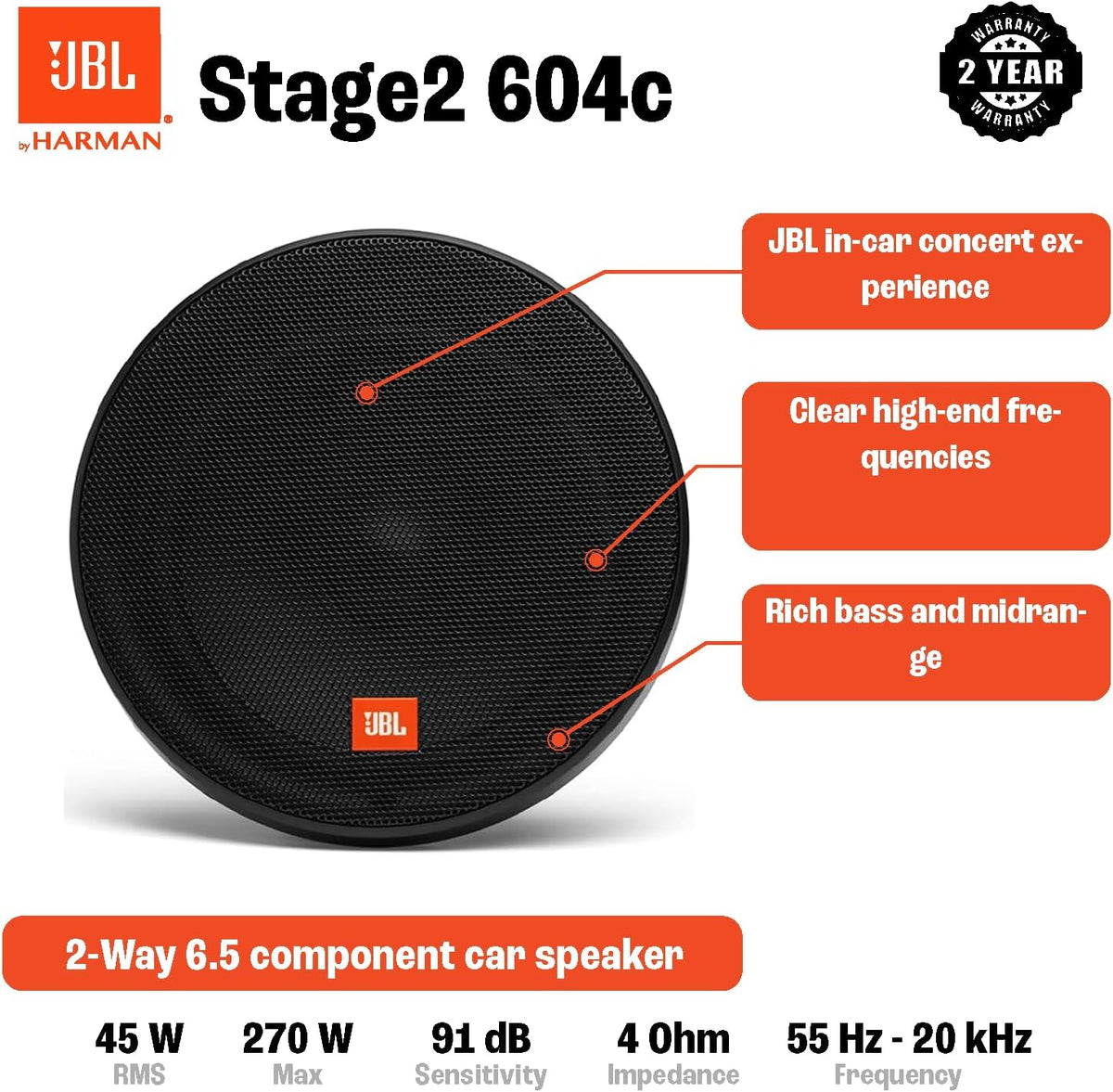 JBL STAGE2 604C - 6.5"2-Way Component Speakers 540W Total Power