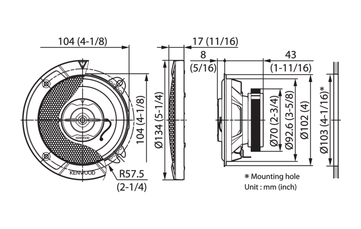 Kenwood KFC-S1067 - 10cm 4" 2 Way Coaxial Speaker 220 Watts